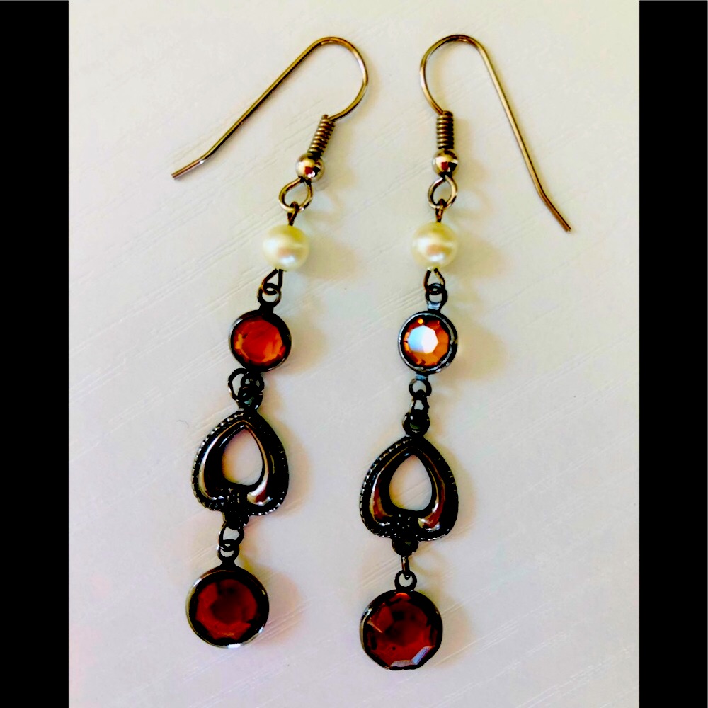 90s Pearl Topaz Color Faceted Glass Atq.Bronze Boston Proper 3”Earring